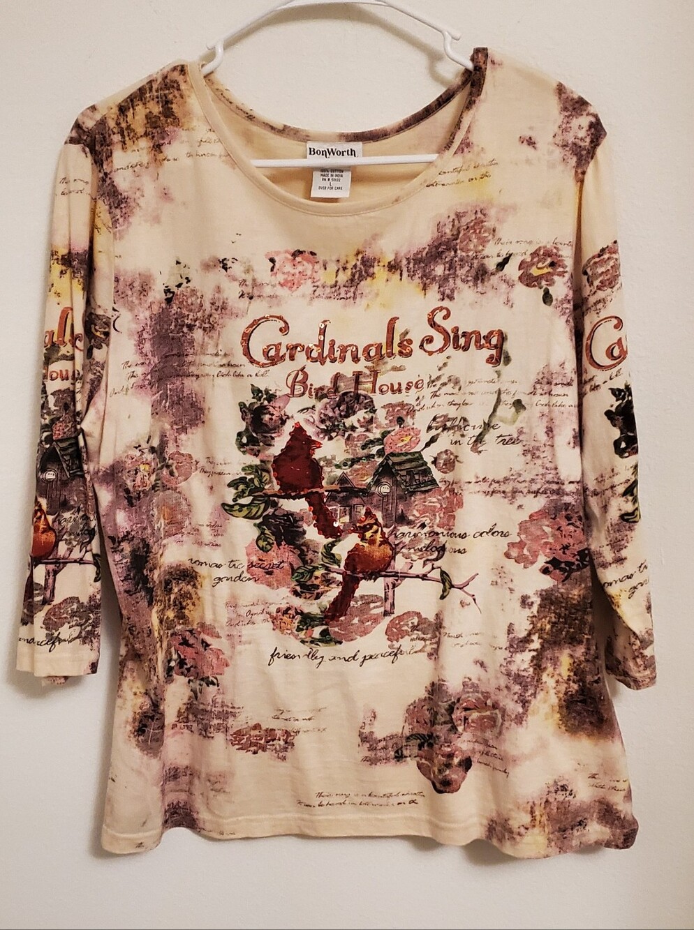 BonWorth Cream Long Sleeve Top Red Cardinal Pink Floral Print Y2K Grandmacore